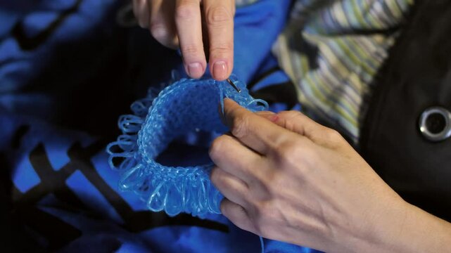 Close-up. Woman's hands crocheting a product made of blue polypropylene nylon plastic twine. Hobby-knitting and handmade crafts for relaxation and mental health