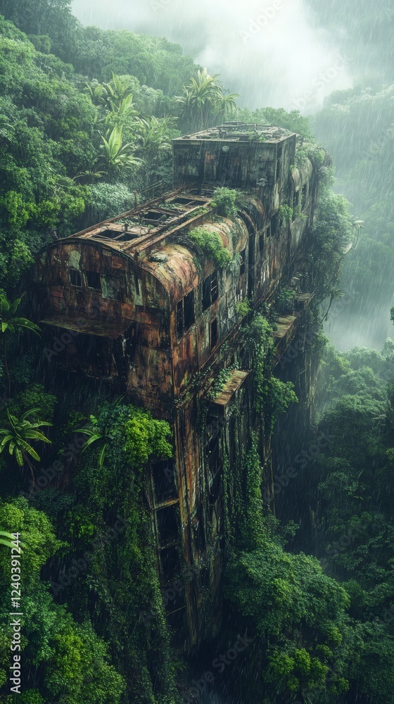 Poster rusty abandoned tanker on a lush mountain cliff covered in vines and moss mist surrounding tall bana