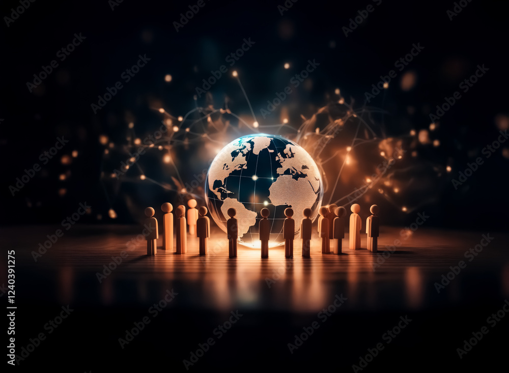Poster Glowing Earth encircled by a network of connections, surrounded by small figures representing global unity and interconnectedness.  A symbolic representation of worldwide communication and collaborati