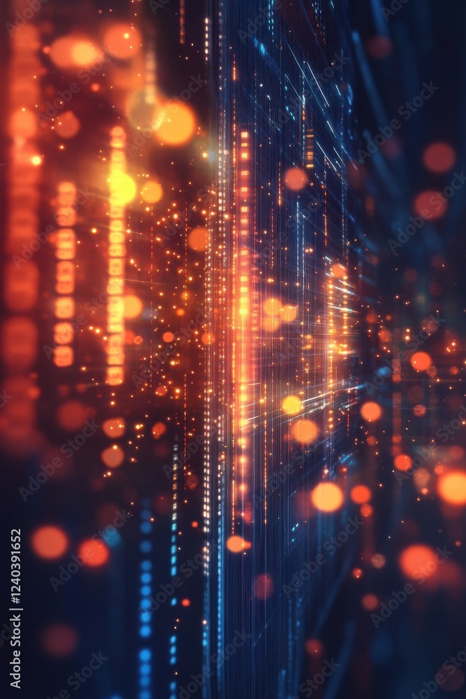 Poster digital matrix: abstract light trails and glowing particles
