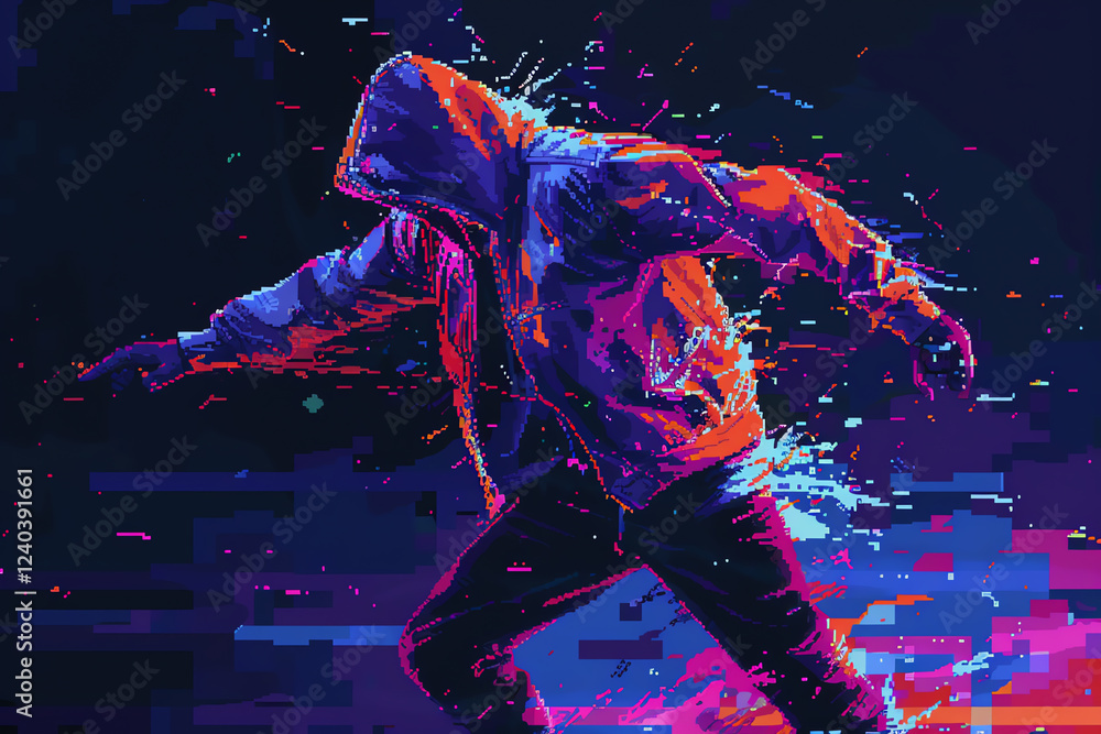 Poster using pixel art, depict a close-up shot of futuristic technologies integrated with breakdancing, hig