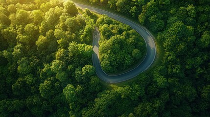 A winding road cutting through a lush green forest, disappearing into the distance with sunlight filtering through.