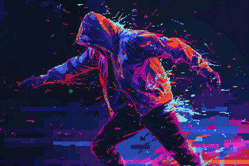 Using pixel art, depict a close-up shot of futuristic technologies integrated with breakdancing, highlighting a garment that responds dynamically to each quick, powerful movement with electric colors
