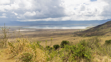 Scenic high point view of Ngorongoro Conservation Area with Lake Magadi in Tanzania, East Africa