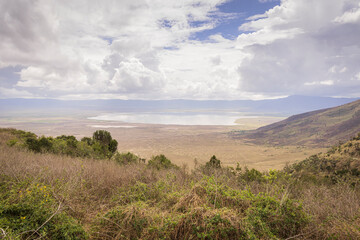 Obraz premium Scenic high point view of Ngorongoro Conservation Area with Lake Magadi in Tanzania, East Africa