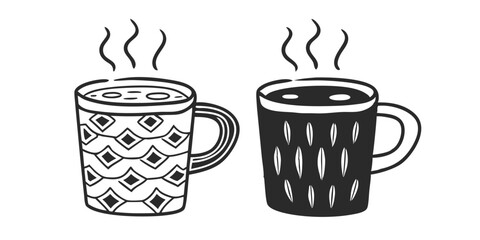 Digital illustration of a cartoon mug with handdrawn Scandinavian-style doodled tea and coffee cups, ideal for hot aroma beverages in restaurants or homes, paired with cooking dishes.