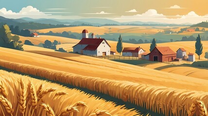 A rustic countryside farm landscape with golden wheat fields.