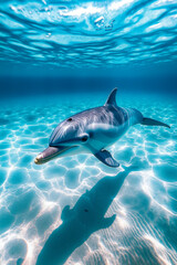 Obraz premium A dolphin swimming in the ocean with its shadow on the water