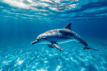 Obraz premium A dolphin swimming in the ocean with sunbeams shining through the water