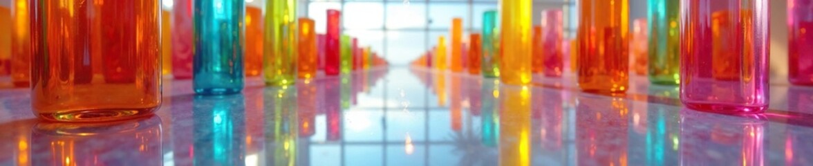 Colorful glass structures on reflective surface with soft focus, art installations, colorful glass decor