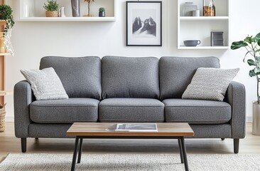 Modern gray sofa in minimalist living room
