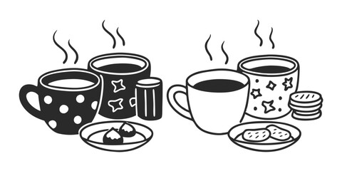 Digital illustration of a cartoon mug with handdrawn Scandinavian-style doodled tea and coffee cups, ideal for hot aroma beverages in restaurants or homes, paired with cooking dishes.