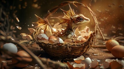 A mystical creature emerging from a basket filled with cracked eggshells
