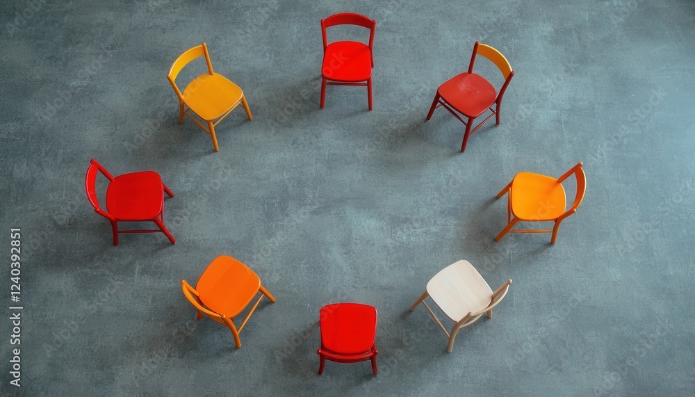 Poster a circle of colorful chairs arranged on a textured floor, creating a vibrant and inviting atmosphere