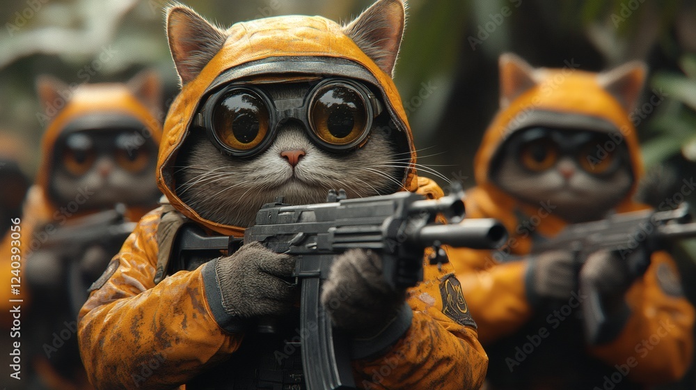Poster scene of chubby anthropomorphic cats in military attire using machine guns while exploring a vibrant