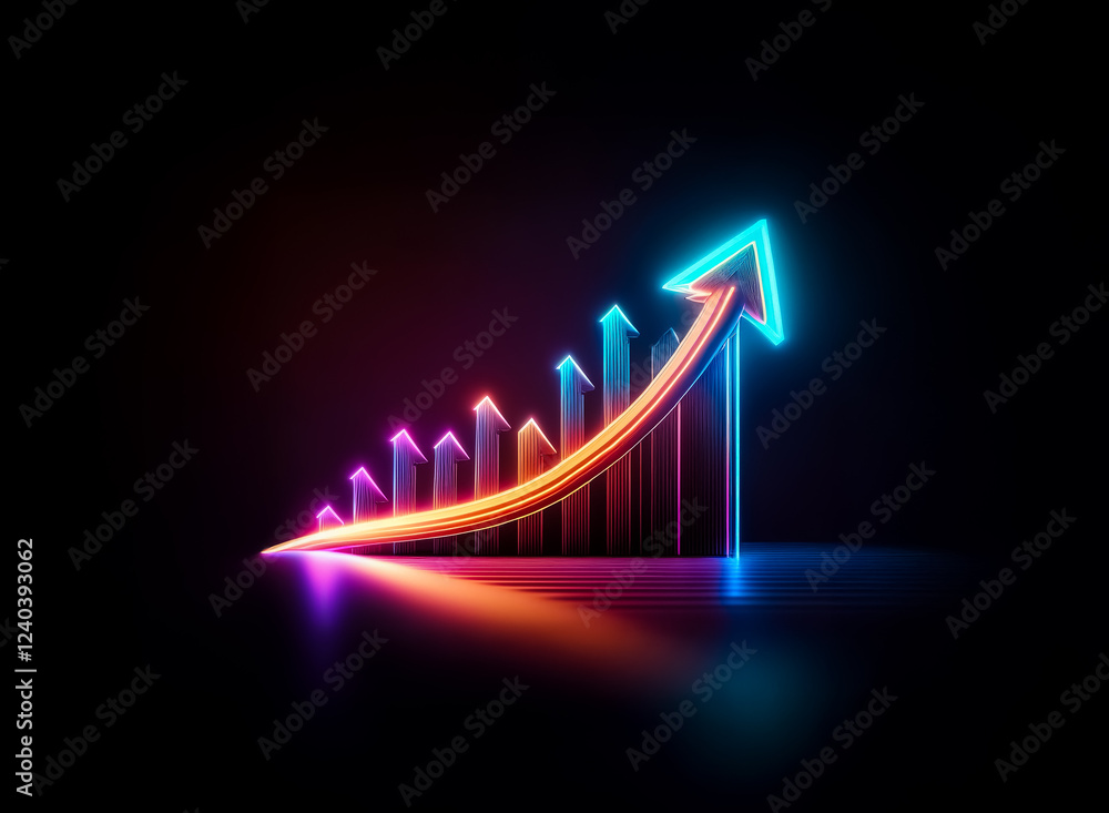 Poster Neon arrow ascends a glowing bar graph, symbolizing growth and progress against a dark background.  The vibrant colors create a dynamic visual representation of upward trajectory and success.