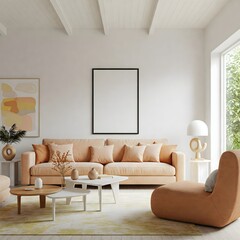 Frame mockup, ISO A paper size. Living room wall poster mockup. Interior mockup with house background. Modern interior design. 3D render