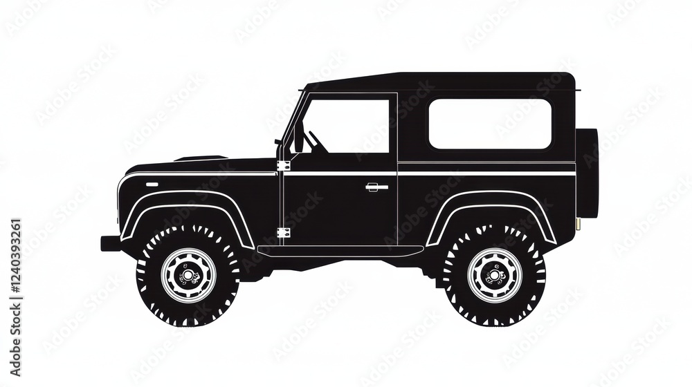 Poster silhouette of an auto vehicle designed for rugged terrain during daytime in an urban environment. ge