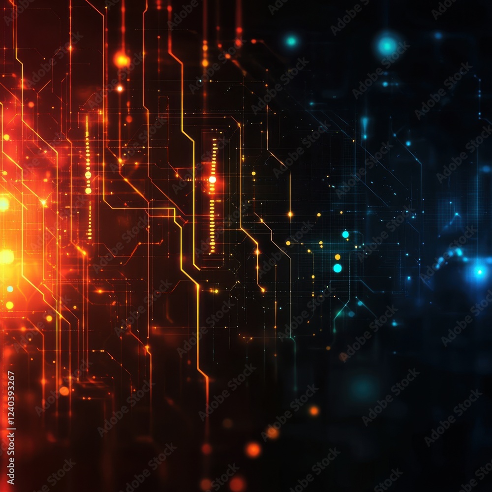 Poster abstract digital circuitry: glowing lines and nodes in orange and blue