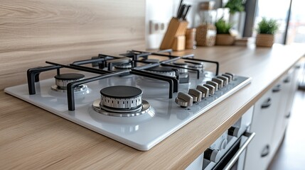 This contemporary kitchen features a sleek gas stove and various potted herbs enhancing the inviting atmosphere and culinary vibes