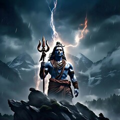Fototapeta premium Lord Shiva Mahadev Shankar Neelkanth Adiyogi Holding Trishul Under the Divine Sky | 4K HD Mahashivratri Wallpaper