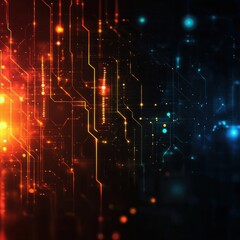 Obraz premium Abstract Digital Circuitry: Glowing Lines and Nodes in Orange and Blue