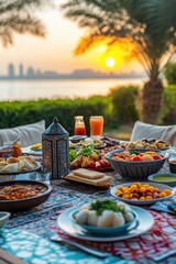 A vibrant outdoor dining scene at sunset featuring a variety of traditional dishes laid out on a beautifully decorated table, with a scenic waterfront view and palm trees in the background