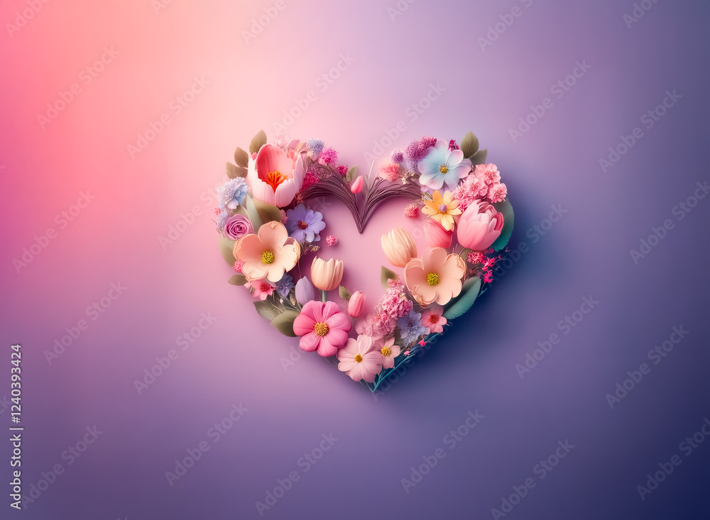 Poster A vibrant heart shape crafted from an array of colorful spring flowers on a soft purple background.  The image evokes feelings of love and springtime joy.