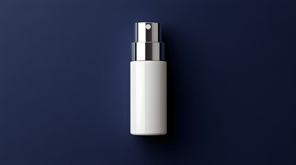 Blank White Cosmetic Pump Bottle on Navy Blue Background. Unlabeled skincare product mockup