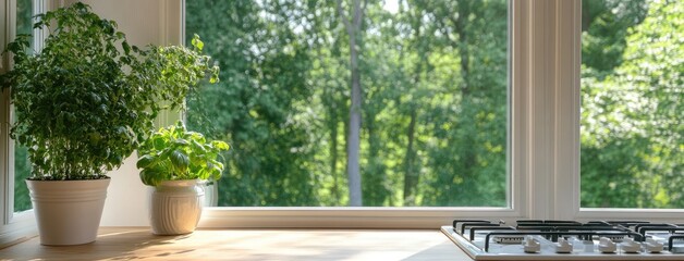 Fototapeta premium This contemporary kitchen features a sleek gas stove and various potted herbs enhancing the inviting atmosphere and culinary vibes.