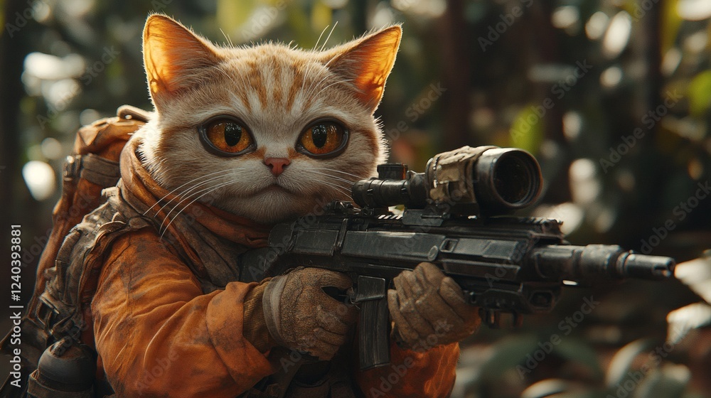 Poster scene of chubby anthropomorphic cats in military attire using machine guns while exploring a vibrant