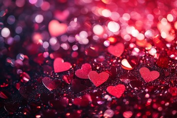 Valentine's Day background with red hearts and confetti. Red bokeh lights