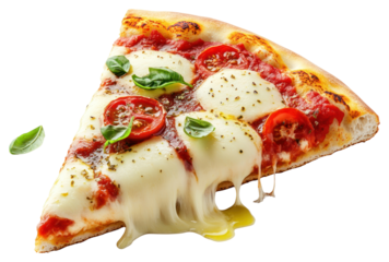 PNG A slice of Margherita pizza with cheese melting tomato basil fresh.