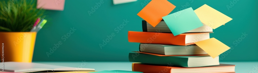 Poster a vibrant workspace featuring a stack of colorful books, sticky notes and a plant, creating an invit