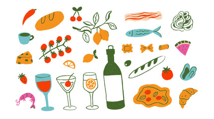 Set of ink color italian food for menu in trendy doodle style. Meal drawn chalk background. Isolated objects. Pizza, wine, lemons
