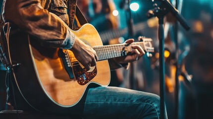 Acoustic Guitarist Playing Stage Performance Warm Lighting Bluesy Mood