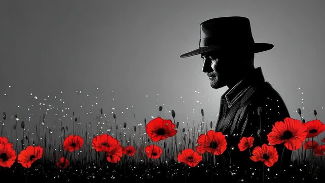 Caucasian man in hat amidst red poppies silhouette art with grey background Happy ANZAC Day, Lest We Forget