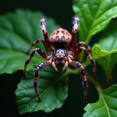 Fototapeta premium Dark green leafy canopy above a lynx spider's body, wildlife, nature, purple yam vine