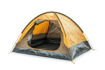 Full shot of a portable camping tent, featuring a color block design.