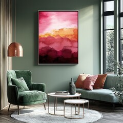 Minimalist aesthetic wall art, soft pink watercolor abstract painting, modern framed artwork, elegant pastel color palette, stylish interior design, clean and airy workspace, green chairs, cozy decor.