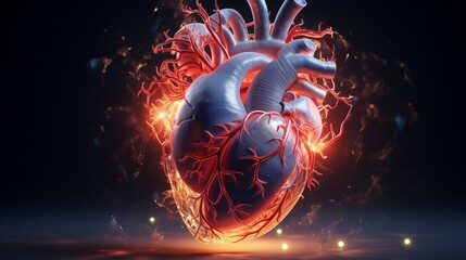 Medical 3D Models featuring a detailed holographic rendering of the human heart surrounded by glowing circulatory system pathways