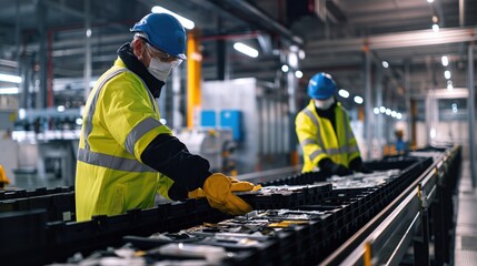 Workers in protective gear sorting and processing used car batteries at a recycling plant. An industrial setting with conveyor belts
