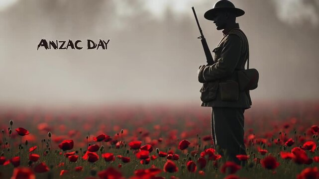 Silhouette of soldier in poppy field commemorating anzac day Happy ANZAC Day, Lest We Forget