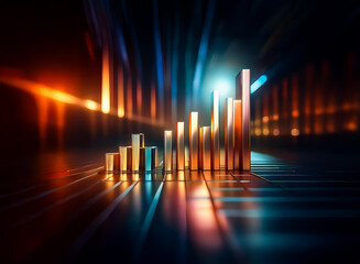 Abstract 3D rendering of a rising bar graph, illuminated with vibrant orange and blue hues, reflecting on a dark, metallic surface.  The image symbolizes growth and progress.