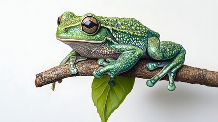 A Vibrant Green Tree Frog Perched On A Branch