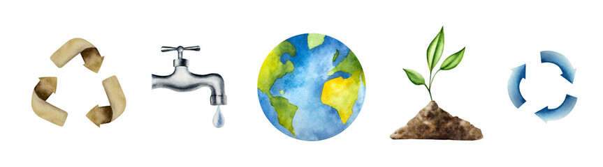 Arrow symbol set. A drop of pure water dripping from the tap. Watercolor hand drawn Planet earth, brown recycling sign illustration isolated on background. Agriculture, organic gardening, planting or