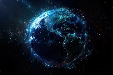 An abstract representation of global interconnectedness, with glowing digital threads linking continents over a realistic, high-resolution view of Earth from space.