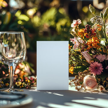 A blank white menu card mockup, size is 5x7 inches in portrait orientation at an outdoor brunch table during a party with colorful pastel spring decorations.