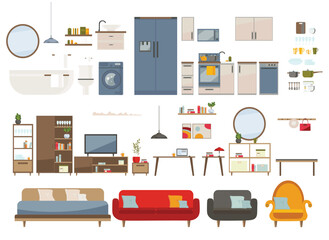 Set of modern furniture for living room, bedroom, kitchen. Sofa, armchair, table, balcony, rack, home plants, table, decoration. Vector illustration