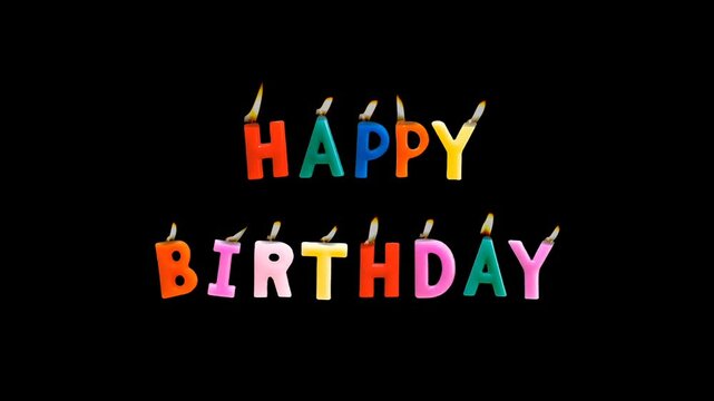 happy birthday candles with flames animation on black background